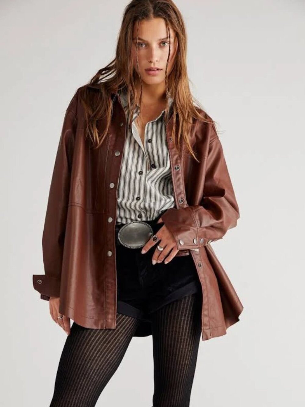 Free People Easy Rider Vegan Shacket Snap Front Front Oversized Top
